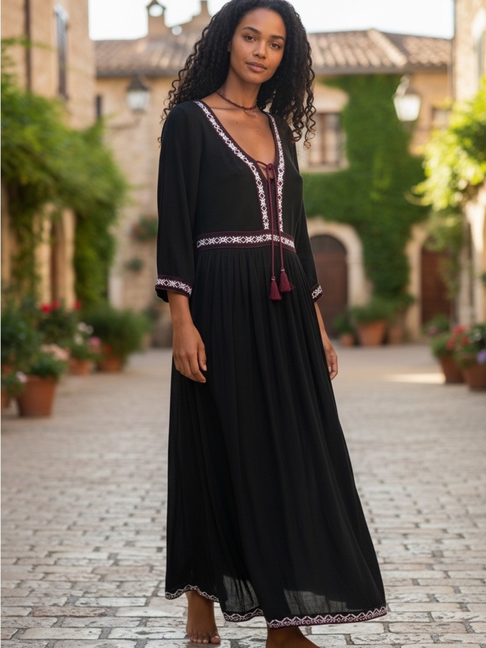 Cost Plus World Market Black Maxi Dress with Burgundy Embroidery